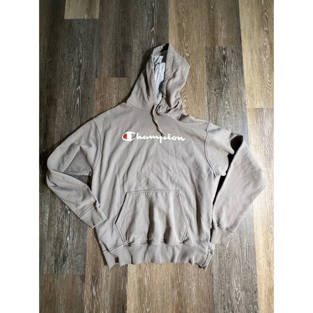 Champion Hoodie Mens Large Gray Good Script Logo Fleece Pullover Sweatshirt L